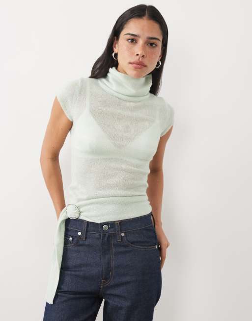 Motel top en maille à manches courtes avec détail boucle en bleu aqua, 3 de 4