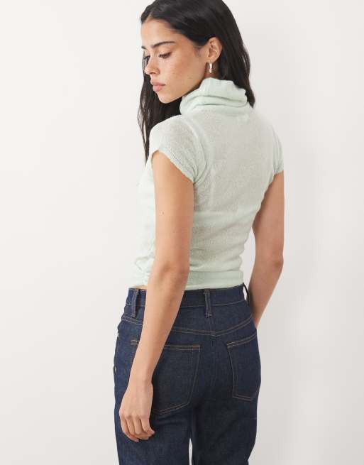 Motel top en maille à manches courtes avec détail boucle en bleu aqua, 4 de 4