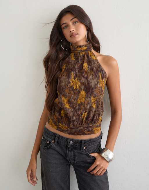 Motel - top plisado floral Sunari en caqui, 3 de 4