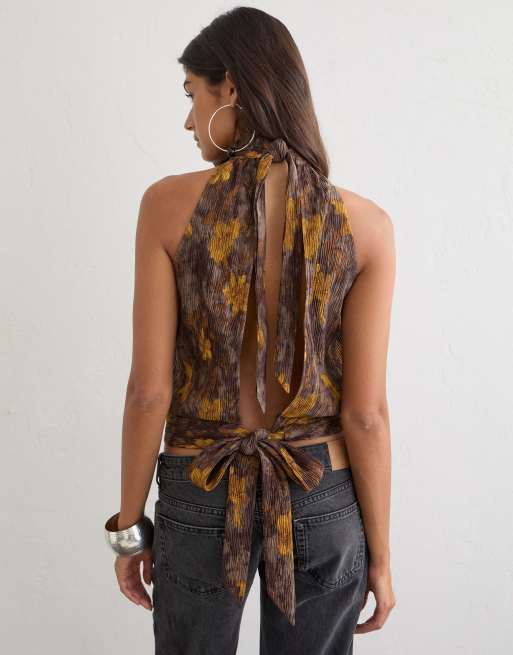 Motel - top plisado floral Sunari en caqui, 4 de 4