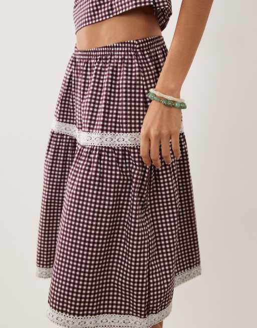Motel Trixie midi skirt in wine gingham - part of a set, 2 of 5