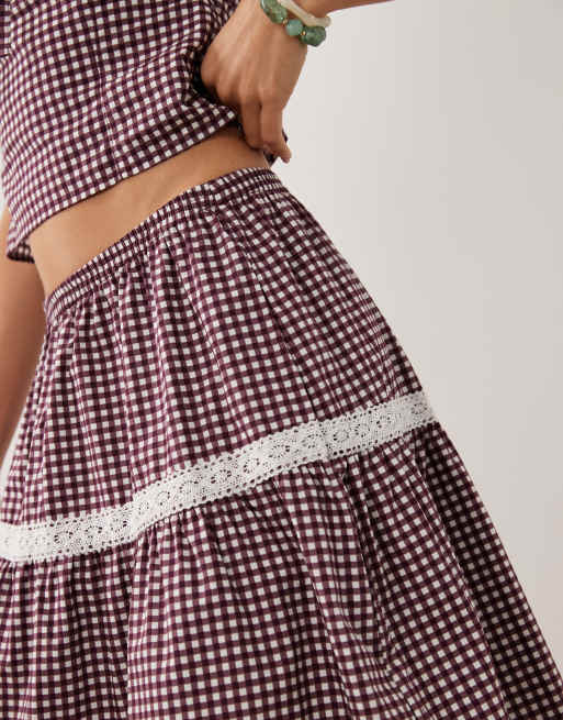 Motel Trixie midi skirt in wine gingham - part of a set, 4 of 5