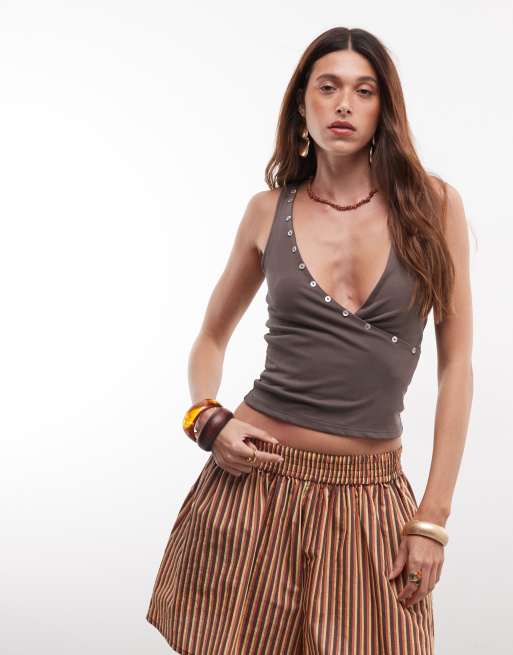 Motel - Tulia - Gilet asymétrique à boutons et décolleté plongeant - Marron, 2 de 7
