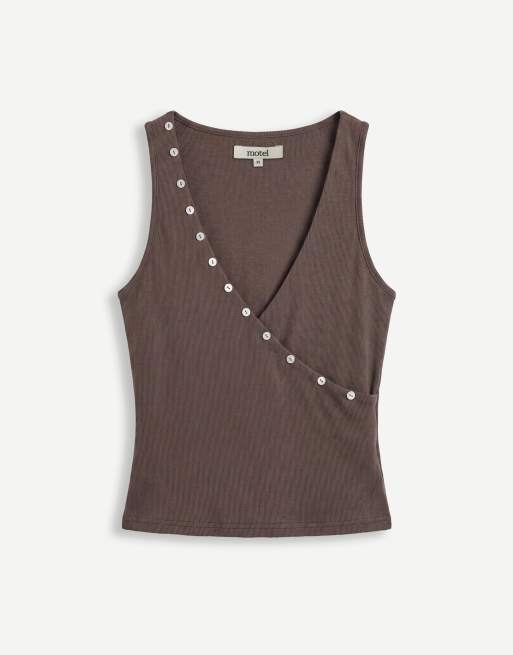Motel - Tulia - Gilet asymétrique à boutons et décolleté plongeant - Marron, 5 de 7