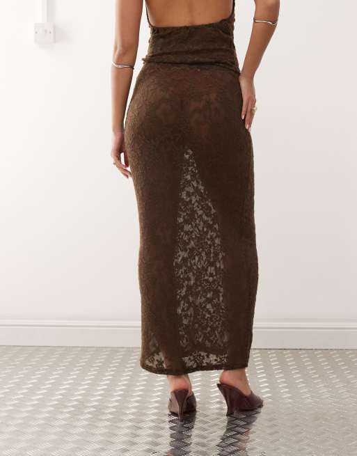 Motel tulus lace maxi skirt in dark brown, 3 of 5