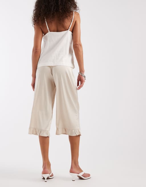 Motel Tunelia satin capri ruffle edge pants in neutral, 5 of 5