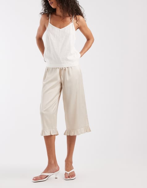 Motel Tunelia satin capri ruffle edge trousers in neutral - view 1