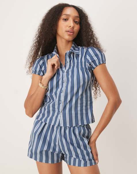 Motel ulsan wide stripe fitted shirt in navy - view 1
