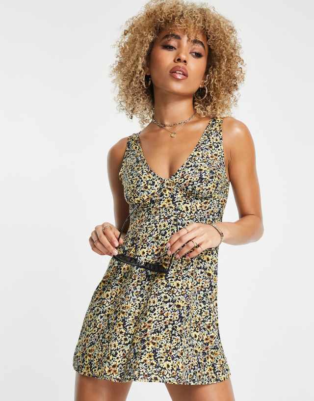 Motel v-neck mini tea dress in grunge yellow floral