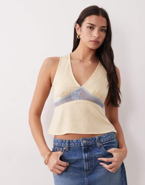 Motel Valeska lace insert satin plunge neck top in yellow - view 1