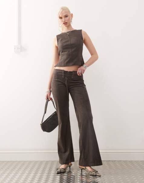 Motel vallen tie-front faux suede trouser in dark brown - view 1
