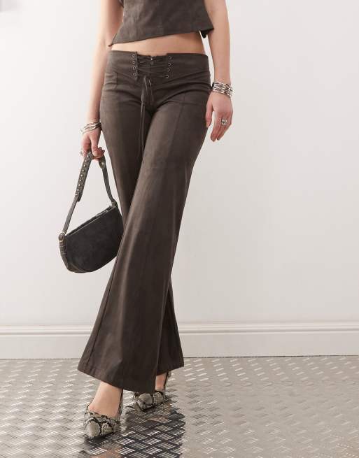 Motel vallen tie-front faux suede trouser in dark brown, 2 of 5