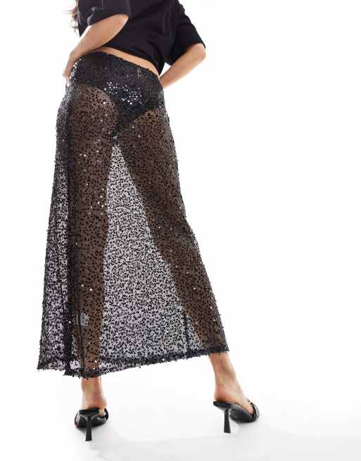Motel vanessa sequin mesh maxi skirt in black ASOS