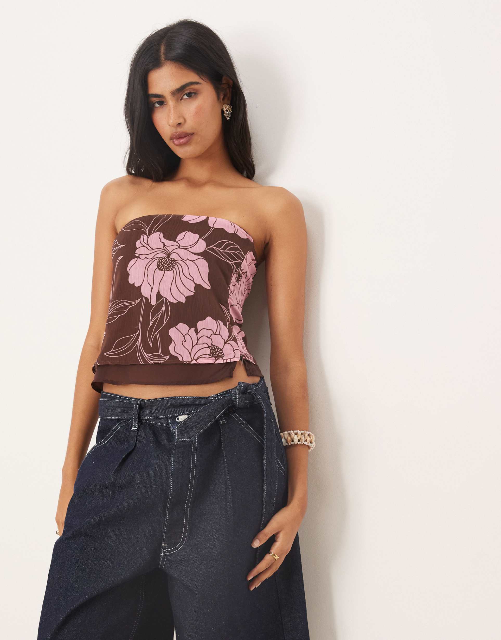 motel varsha bandeau floral mesh top in brown and pink