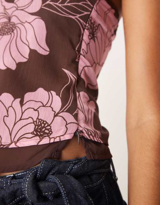 Motel varsha bandeau floral mesh top in brown and pink, 4 of 4