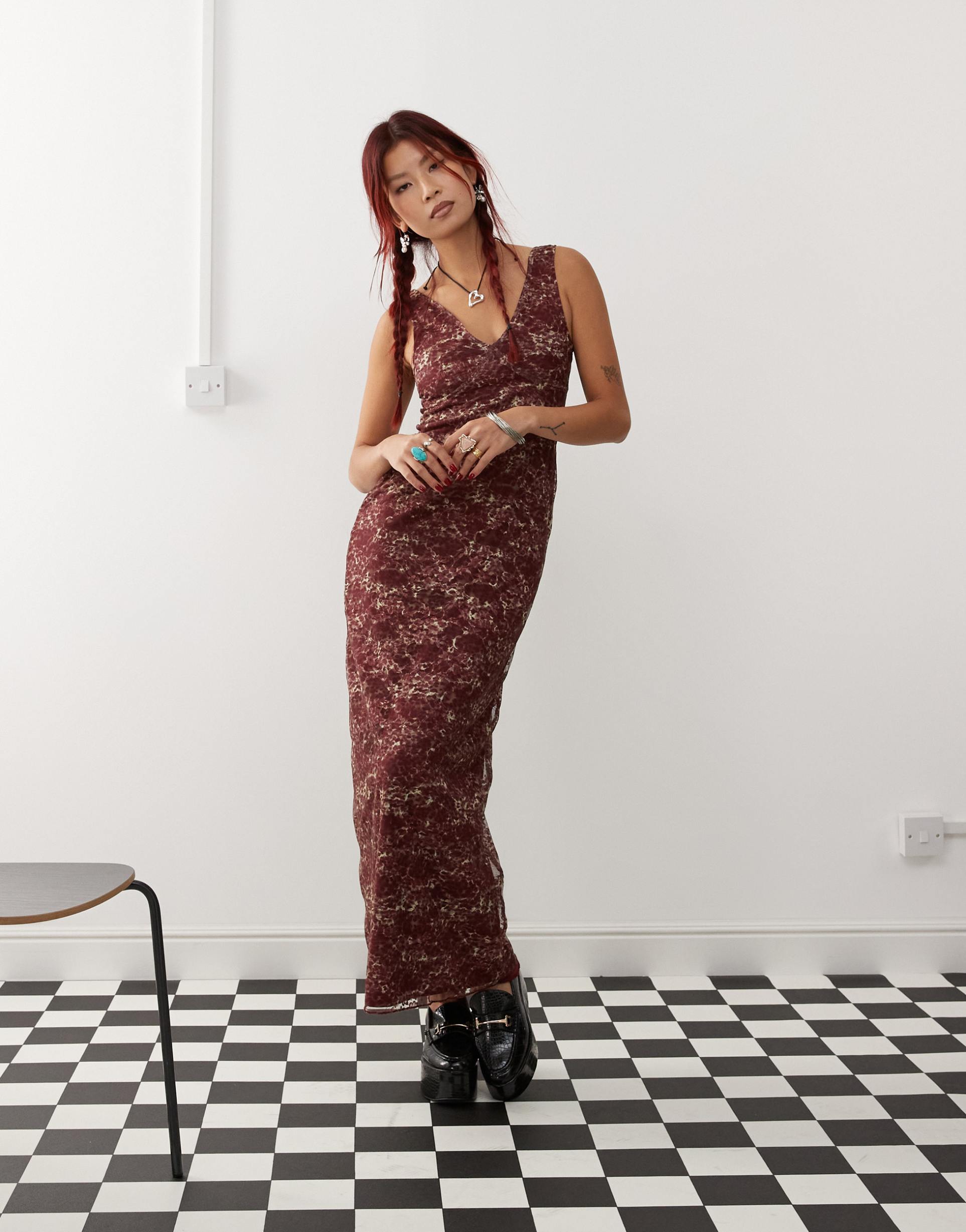 motel vatika abstract leopard print maxi dress in burgundy