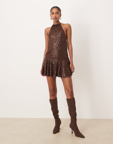 Motel veloria halterneck drape mini dress in brown sequin - view 1