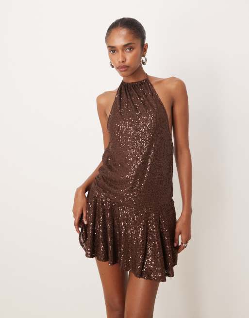 Motel veloria halterneck drape mini dress in brown sequin