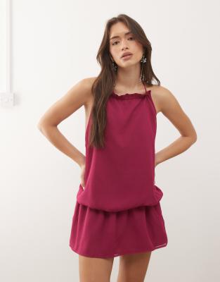 Motel Veloria High Halter Neck Dropped Waist Dress In Burgundy