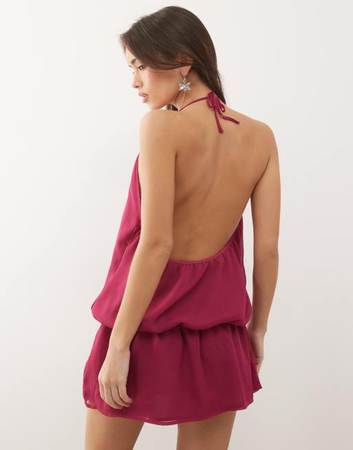 Motel Veloria high neck halter drop waist dress in dark rose, 2 of 4