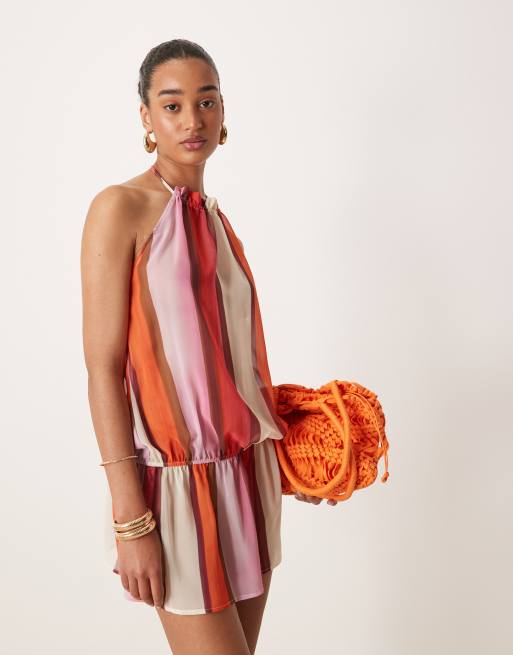 Motel Veloria painted stripe chiffon halter dress in pink