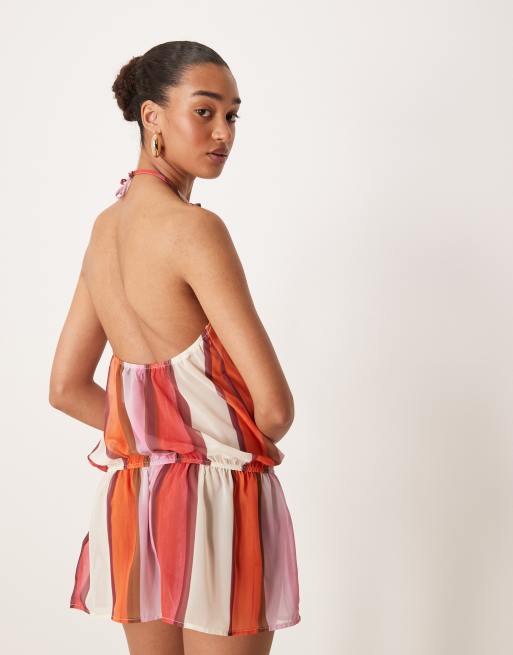 Motel Veloria painted stripe chiffon halter dress in pink