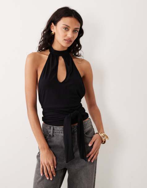 Motel Verbina keyhole halter tie waist top in black - view 1