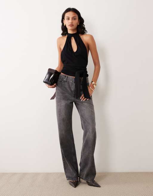 Motel Verbina keyhole halter tie waist top in black, 3 of 4