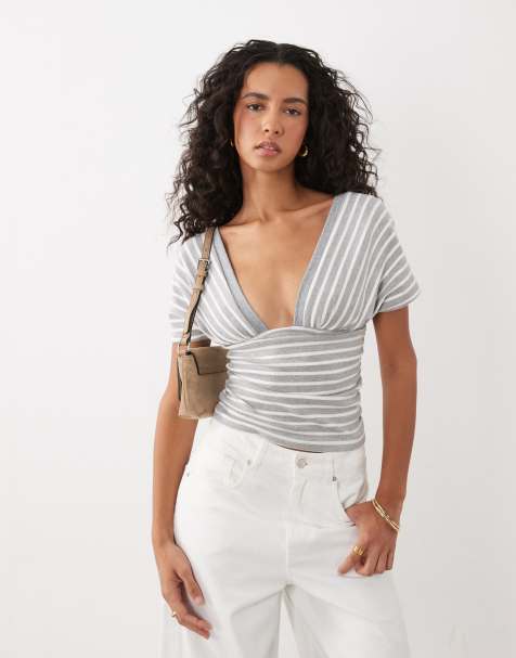 Motel Vernia plunge batwing top in gray white stripe - view 1