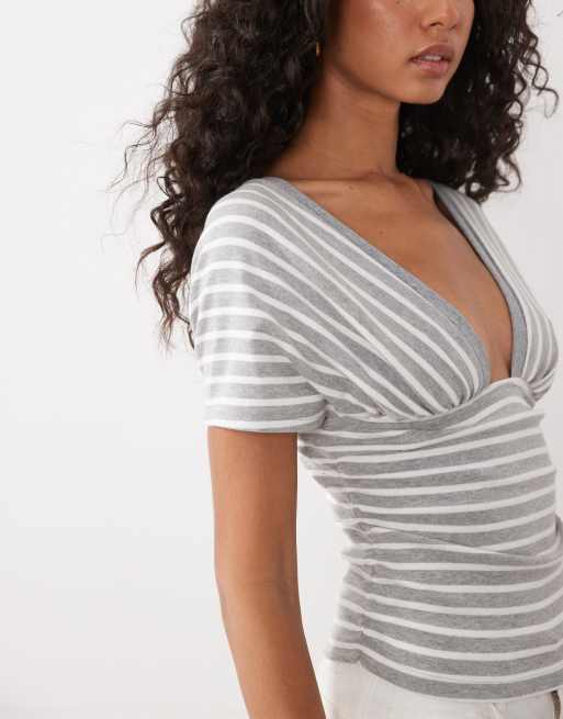 Motel Vernia plunge batwing top in gray white stripe, 3 of 4