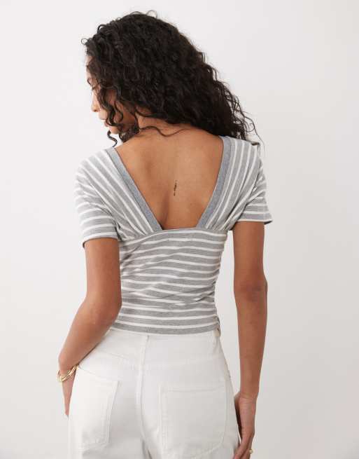Motel Vernia plunge batwing top in gray white stripe, 4 of 4