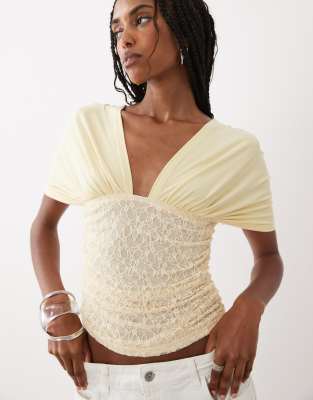 Motel Vernia Plunge Batwing Top With Lace Ruchde Waist In Yellow