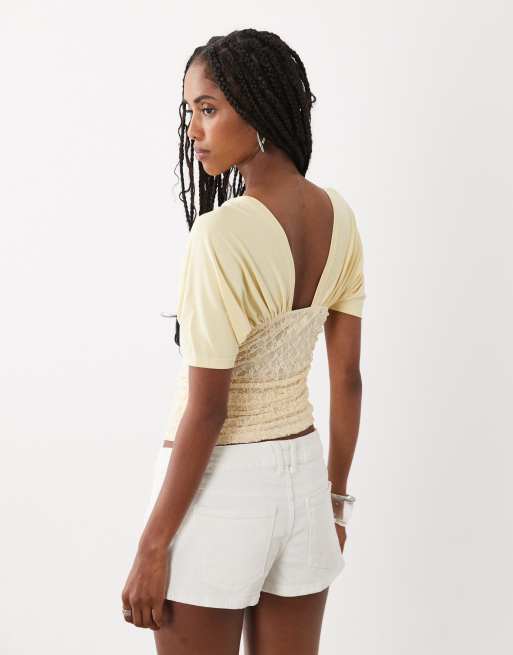 Motel Vernia plunge batwing top with lace ruchde waist in lemon, 3 of 4