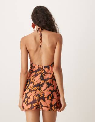Motel Veslina Floral Print Halter Mini Dress In Orange