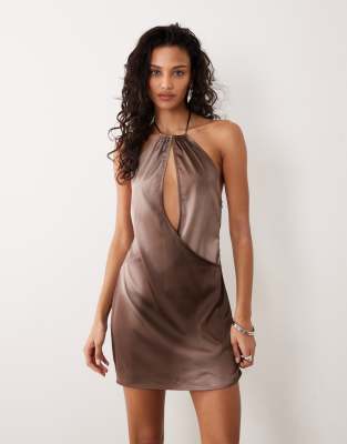 Motel Veslina Keyhole Halter Mini Dress In Brown