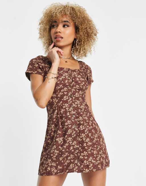 Motel Vestito da giorno corto marrone a fiori con scollo squadrato e bottoni sul davanti Cra wallonieShops