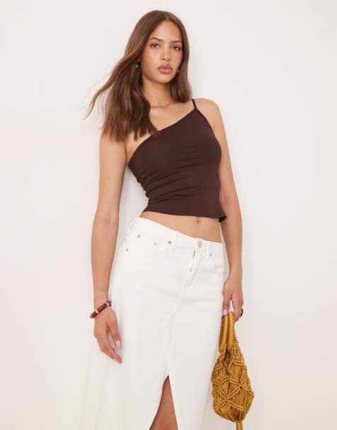 Motel vey one shoulder basic top in chocolate