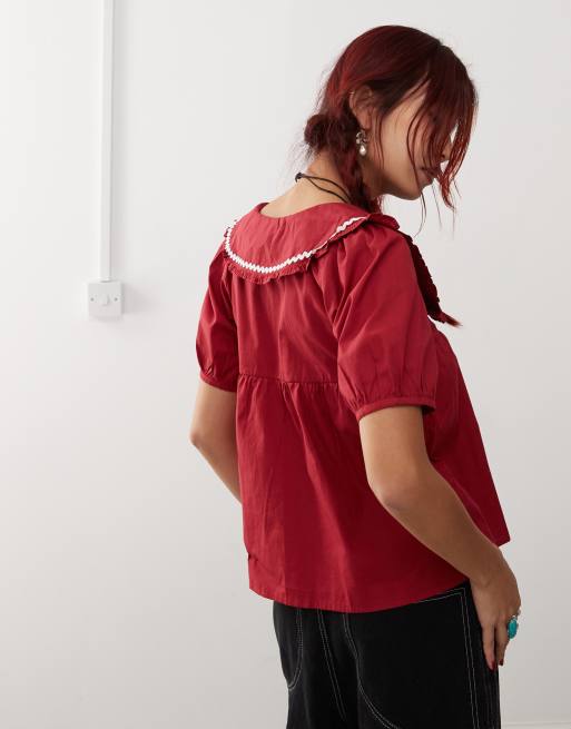 Motel Viana collar detail puff sleeve blouse in red, 4 of 4