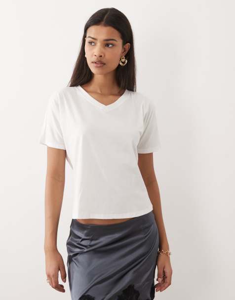 Motel Viman v neck short sleeve jersey top in ivory - view 1