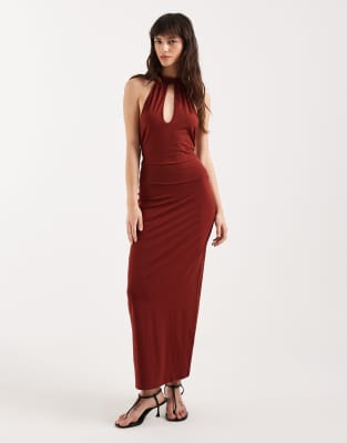 Motel Viorela Keyhole Halter Neck Tie Waist Midaxi Jersey Dress In Red