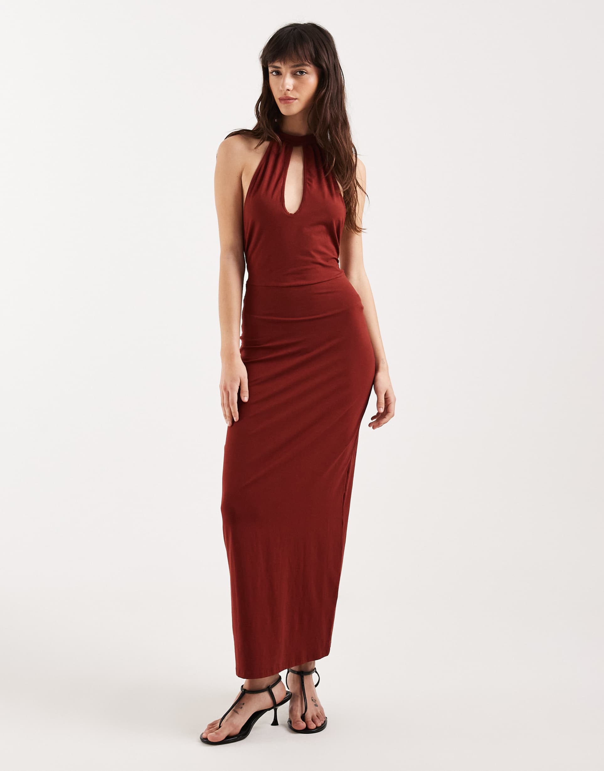 motel viorela keyhole halter neck tie waist midaxi jersey dress in fired brick