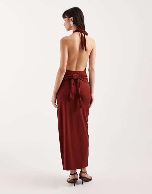 Motel Viorela keyhole halter neck tie waist midaxi jersey dress in fired  brick | ASOS