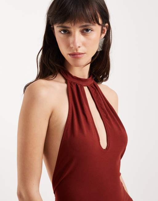 Motel Viorela keyhole halter tie waist midaxi jersey dress in fired brick, 3 of 4