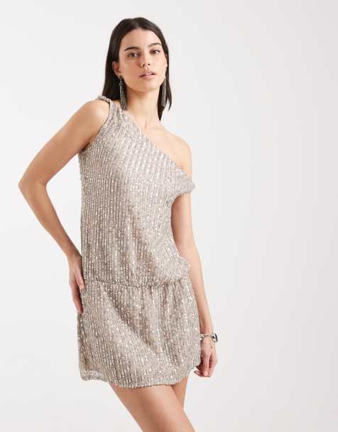 Motel Vora one shoulder mini dress in beige sparkle - view 1