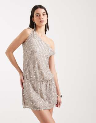 Vora - Robe courte asymétrique - Beige pailleté-Neutre XS