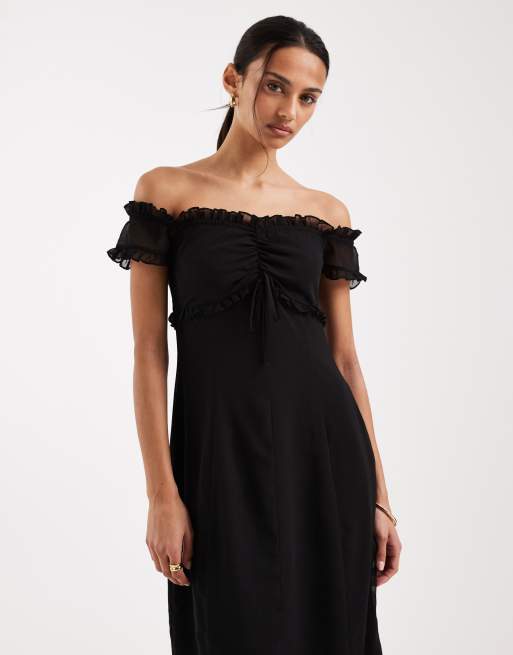 Motel - Watimu - Robe mi-longue en mousseline à épaules dénudées - Noir, 3 de 4