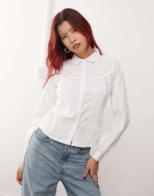 Motel Wells ruffle detail pintuck shirt in white | ASOS