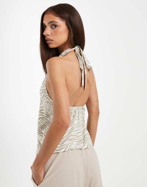 Motel - Wiby - Top allacciato al collo beige con stampa zebrata, 3 di 4
