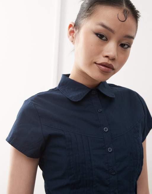 Motel wilmot pintuck fitted blouse in navy | ASOS