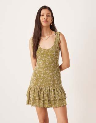 Motel Wino Mini Dress With Double Ruffle Hem In Green